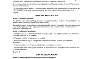 Circular No. 160 /2013/TT-BTC on printing issuing managing using stamps for imported wine domestic wine