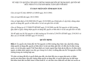 Quyết định 48/2013/QĐ-UBND ủy quyền cấp Giấy chứng nhận quyền sử dụng đất Kon Tum