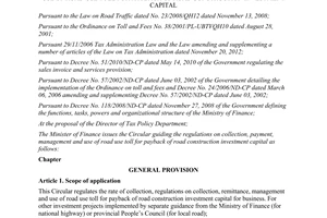 Circular No. 159/2013/TT-BTC guiding payback of road construction investment capital