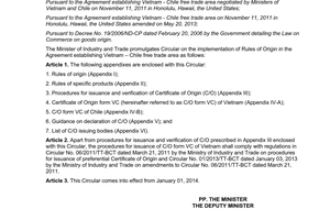 Circular No. 31/2013/TT-BCT Rules of Origin in the Agreement establishing Asean Chile free trade area