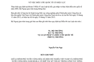 Thông báo 58/2013/TB-LPQT hiệu lực Bản ghi nhớ hợp tác kỹ thuật nông nghiệp Việt Nam Nammibia