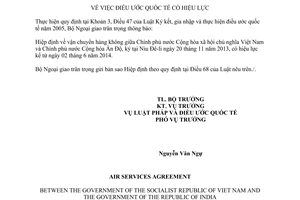 Thông báo hiệu lực Hiệp định về vận chuyển hàng không giữa Việt Nam Ấn Độ