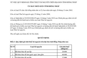 Quyết định 38/2013/QĐ-UBND giá tính thuế tài nguyên Đồng Tháp