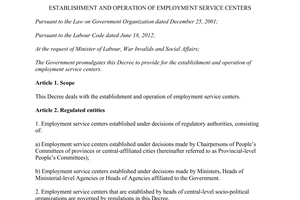Decree 196/2013/ND-CP establishment operation employment service centers