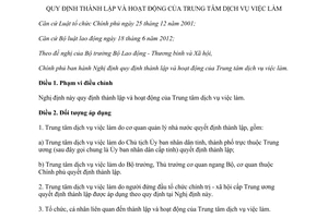 Nghị định 196/2013/NĐ-CP thành lập hoạt động Trung tâm dịch vụ việc làm