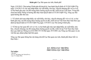 Công văn 6796/TCHQ-GSQL năm 2013 thực hiện Quyết định 53/2013/QĐ-TTg