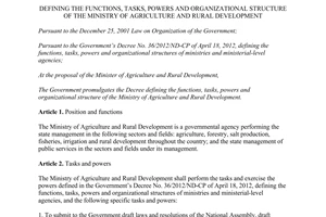 Decree No. 199/2013/ND-CP functions tasks powers organizational structure of The Ministry of Agriculture
