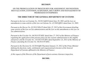 Decision No. 3949/QĐ-TCHQ 2013 assessment recognition shut-down management of prioritized enterprises