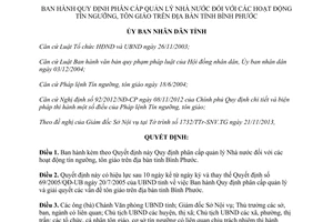 Quyết định 51/2013/QĐ-UBND phân cấp quản lý hoạt động tín ngưỡng tôn giáo Bình Phước