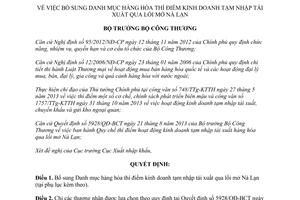 Quyết định 8948/QĐ-BCT 2013 bổ sung Danh mục hàng hóa tạm nhập tái xuất qua lối mở Nà Lạn