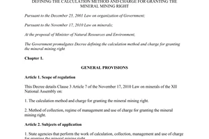Decree No. 203/2013/ND-CP the calculation method charge for granting the mineral mining right