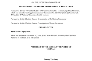 Order No. 14/2013/L-CTN on the promulgation of Law on Employment