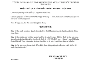 Quyết định 1936/QĐ-TLĐ năm 2013 khen thưởng xử phạt thu nộp tài chính công đoàn