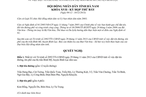 Nghị quyết 14/2013/NQ-HĐND đặt tên đường tên phố thị trấn Bình Mỹ huyện Bình Lục tỉnh Hà Nam