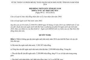 Nghị quyết 12/2013/NQ-HĐND dự toán ngân sách nhà nước 2014 Hà Nam