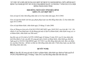 Nghị quyết 67/2013/NQ-HĐND sửa đổi giá dịch vụ khám chữa bệnh Hòa Bình