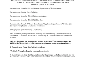 Decree No. 207/2013/ND-CP amending Decree No. 48/2010/ND-CP contracts in construction activities