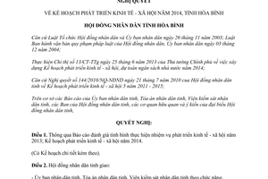 Nghị quyết 62/2013/NQ-HĐND kế hoạch phát triển kinh tế - xã hội năm 2014 Hòa Bình