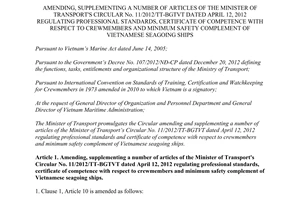 Circular No. 51/2013/TT-BGTVT amending 11/2012/TT-BGTVT certificate competence respect crewmembers seagoing ships