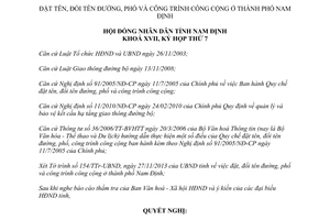 Nghị quyết 30/2013/NQ-HĐND đặt tên đổi tên đường phố công trình công cộng thành phố Nam Định