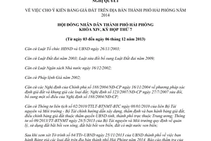 Nghị quyết 20/NQ-HĐND Hải Phòng cho ý kiến Bảng giá đất trên địa bàn Hải Phòng năm 2014