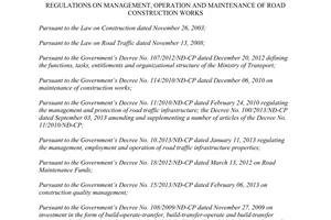 Circular No. 52/2013/TT-BGTVT management operation maintenance of road construction works