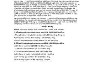 Nghị quyết 54/2013/NQ-HĐND về dự toán thu chi ngân sách địa phương Sơn La 2014