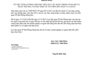 Thông báo 11762/TB-HQHP năm 2013 tăng cường làm việc các ngày trong tuần Hải Phòng