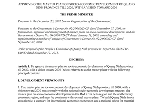 Decision No. 2622/QD-TTg master plan on socio-economic development of Quang Ninh province till 2020