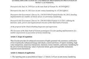 Circular No. 35/2013/TT-NHNN guiding on prevention of money laundering