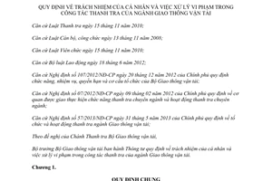 Thông tư 67/2013/TT-BGTVT  trách nhiệm của cá nhân xử lý vi phạm công tác thanh tra ngành Giao thông
