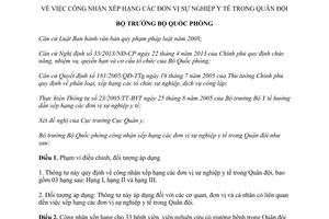 Thông tư 215/2013/TT-BQP công nhận xếp hạng đơn vị sự nghiệp y tế trong Quân đội