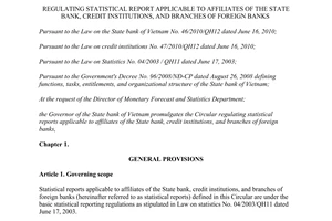 Circular No. 31/2013/TT-NHNN statistical report applicable to affiliates of the state bank