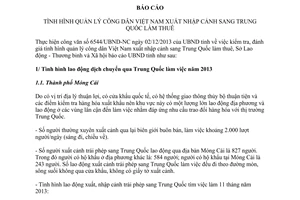 Báo cáo 272/BC-LĐTBXH năm 2013 quản lý công dân xuất nhập cảnh sang Trung Quốc làm thuê