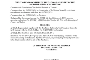 Resolution No. 712/2013/UBTVQH13 promulgating the royalty tariff