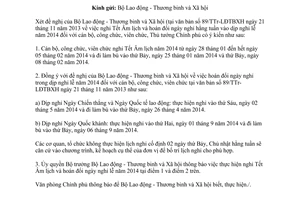 Công văn 10525/VPCP-KGVX nghỉ Tết Âm lịch hoán đổi ngày nghỉ hằng tuần dịp nghỉ lễ 2014