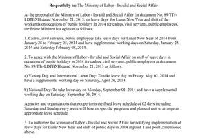 Official Dispatch No. 10525/VPCP-KGVX leave days of Lunar New Year cadres civil servants public employees