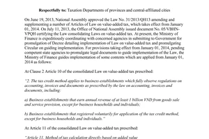 Official Dispatch No. 17557/BTC-TCT provisions which take effect from 01/01/2014 Law amending Law on value-added tax