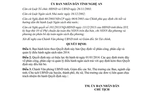 Quyết định 65/2013/QĐ-UBND phân công phân cấp quản lý điều hành ngân sách 2014 Nghệ An