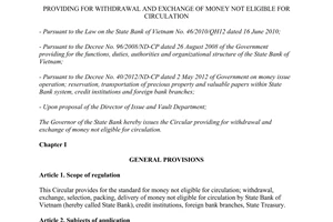 Circular No. 25/2013/TT-NHNN withdrawal and exchange of money not eligible for circulation