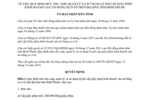 Quyết định 53/2013/QĐ-UBND mức thu nộp lệ phí cấp giấy phép kinh doanh vận tải ô tô Bình Phước
