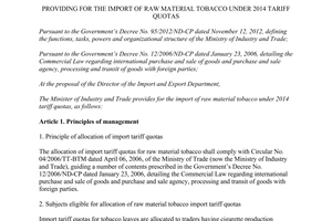 Circular No. 33/2013/TT-BCT providing for the import of raw material tobacco under 2014 tariff quotas