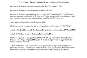 Decree No. 212/2013/ND-CP charter of organization and operation of Vinacomin