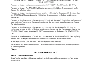 Circular No. 201/2013/TT-BTC application of advance pricing agreements to tax administration