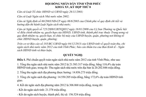 Nghị quyết 104/NQ-HĐND 2013 phê chuẩn tổng quyết toán ngân sách nhà nước 2012 Vĩnh Phúc