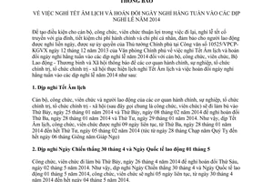 Thông báo 5083/TB-BLĐTBXH năm 2013 nghỉ Tết Âm lịch hoán đổi ngày nghỉ dịp lễ 2014
