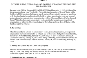 Announcement No. 5083/TB-BLĐTBXH days off Tet holiday swapping of days off public holidays 2014