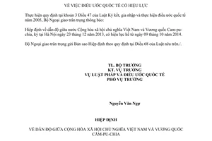 Thông báo hiệu lực Hiệp định dẫn độ Việt Nam Campuchia