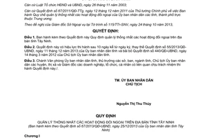 Quyết định 67/2013/QĐ-UBND quản lý thống nhất hoạt động đối ngoại Tây Ninh