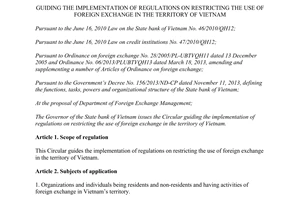 Circular No. 32/2013/TT-NHNN guiding restricting the use of foreign exchange in the territory of Vietnam